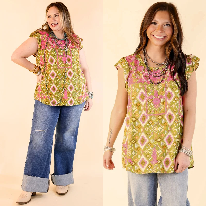 Women's Clothing Apparel Sweet Serenade Aztec Print Top with Pink Floral Embroidery in Olive Green