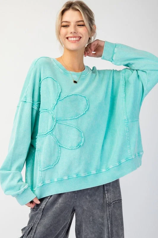 Casual Fashion Relaxed Vintage Wash Flower Patched Sweatshirt - 3 Colors!