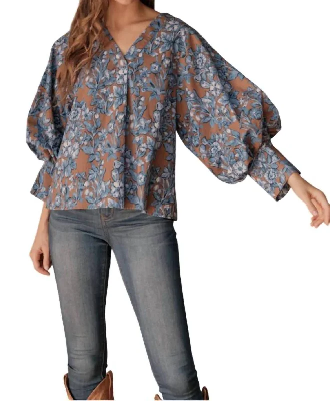 Exclusive Sale Floral Print Top In Brown & Blue