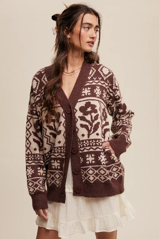 Sophisticated Style Mocha Printed Button Up Cardigan