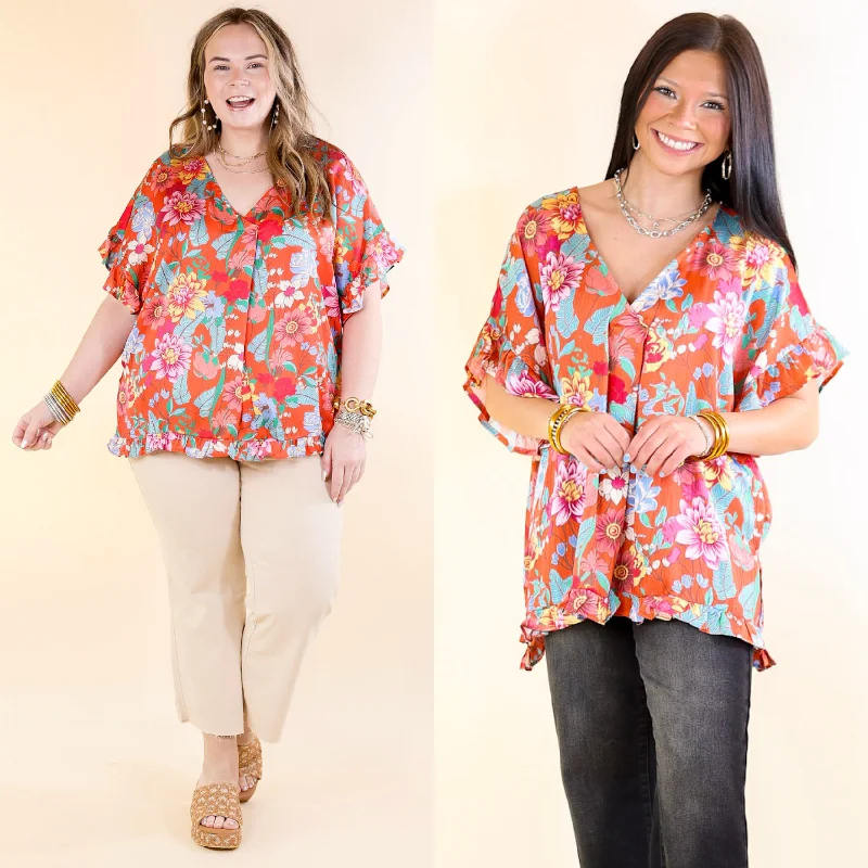 Seasonal Trends Blissful Mindset Floral V Neck Top with Short Ruffle Sleeves in Orange