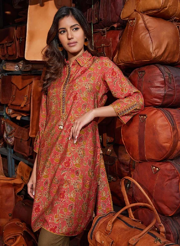 Women's Trendy Attire Noor Terracotta Red Printed Cotton Tunic for Women