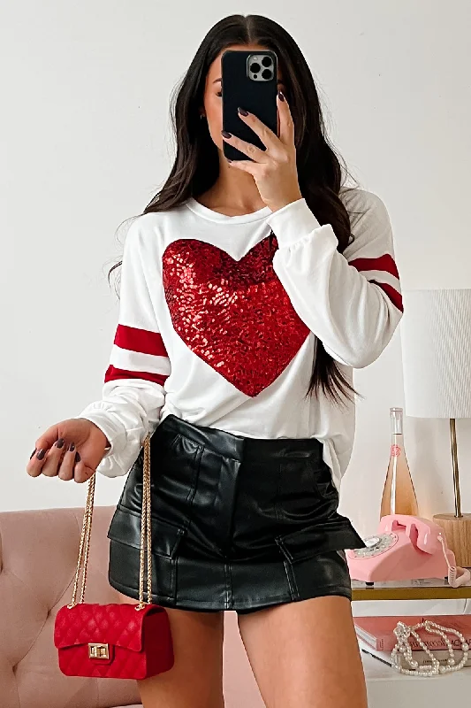 Everyday Women's Fashion Trends Lots Of Love Sequin Heart Varsity Long Sleeve Top (Ivory)