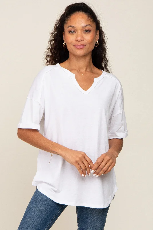 Women's Trendy Apparel White Oversized V-Neck Cuffed Short Sleeve Tee