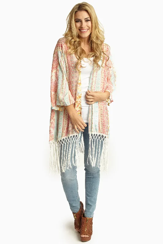 Casual Clothes For Women Coral Aqua Printed Linen Tassel Trim Open Cardigan