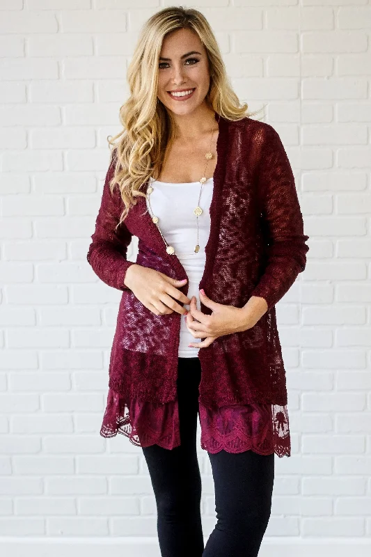 Comfortable Clothes Burgundy Lace Trim Knit Open Cardigan