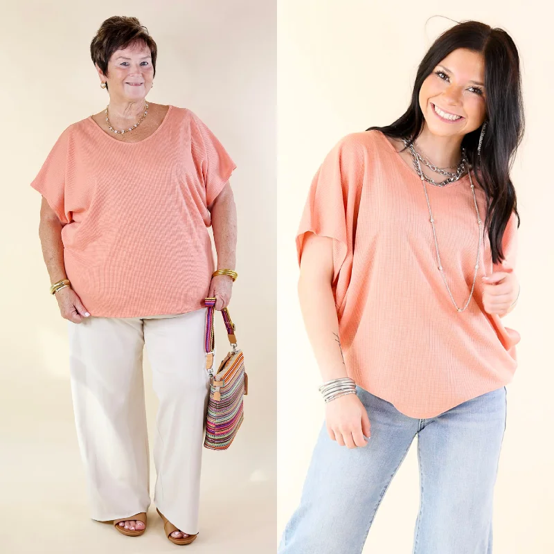 Women's Stylish Outdoor Outfit Everyday Essential Short Sleeve Waffle Knit Top in Apricot Coral Orange