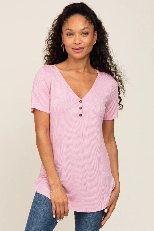 Women's Work Apparel Pink Ribbed Short Sleeve Button Detail Top