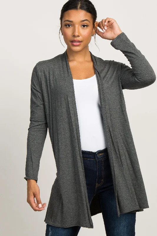 Women's Clothes Online Shopping Charcoal Grey Solid Long Sleeve Cardigan