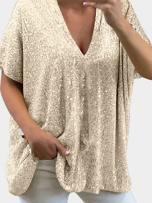 Elegant Styles Size Inclusive Sequin V-Neck Short Sleeve Top