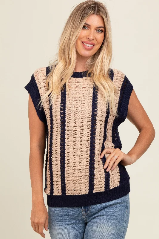 End Of Season Sale Clothing Navy Blue Loose Crochet Knit Top