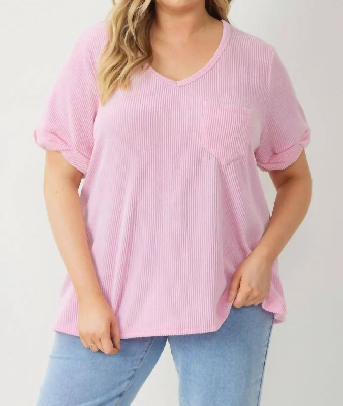 Comfortable Outfit For Women V Neck Relaxed Fit Knit Top In Pink Plus