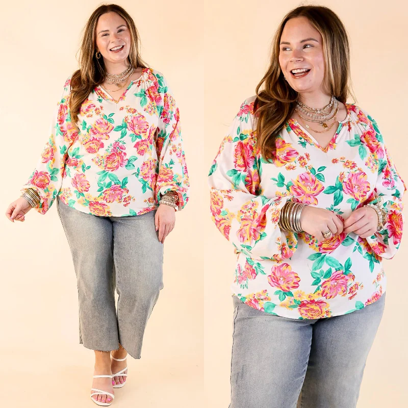 Women's Seasonal Apparel Follow Your Happiness Notched V Neck Floral Top with Long Sleeves in White