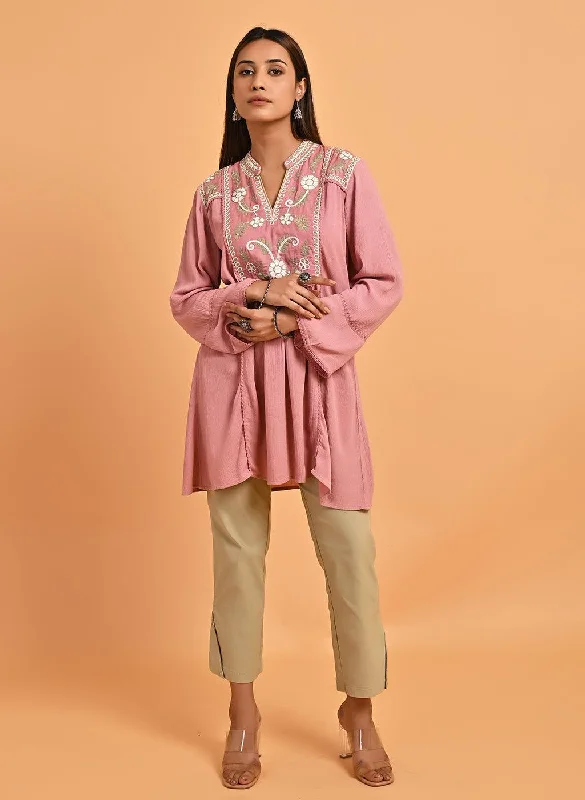 Women's Chic Outfit Pink Collared Tunic with Embroidery at Yoke