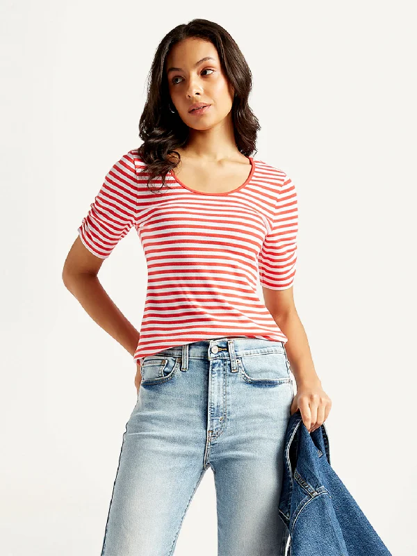 Luxury Fashion Women's Striped Red Scoop Neck Top