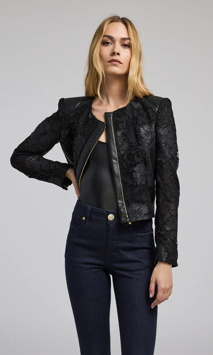 Chic Wardrobe Dalma Vegan Leather Guipure Jacket - Black