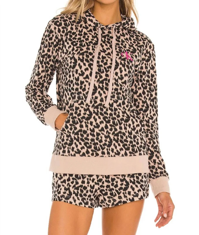 Comfortable Casual Wear Glisten Lounge Hoodie In Leopard Honey Almond