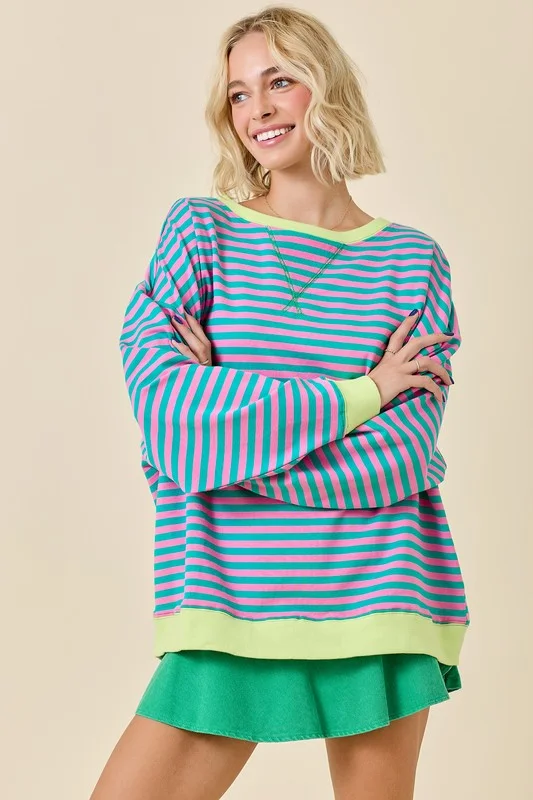 Women's Plus-Size Casual Outfit Oversized Stripe Knit Top With Contrasting Rib