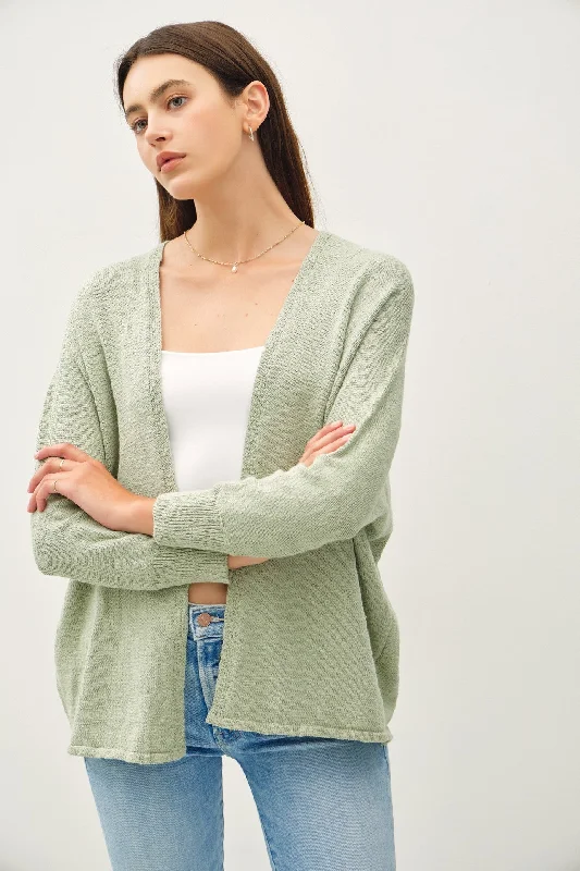 Women's Clothes And Apparel Sets Light Olive Slub Knit Open Cardigan