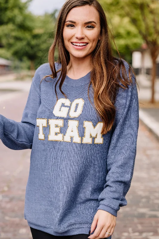 Women's Effortless Casual Outfit Go Team Navy Blue Varsity Corded Sweatshirt