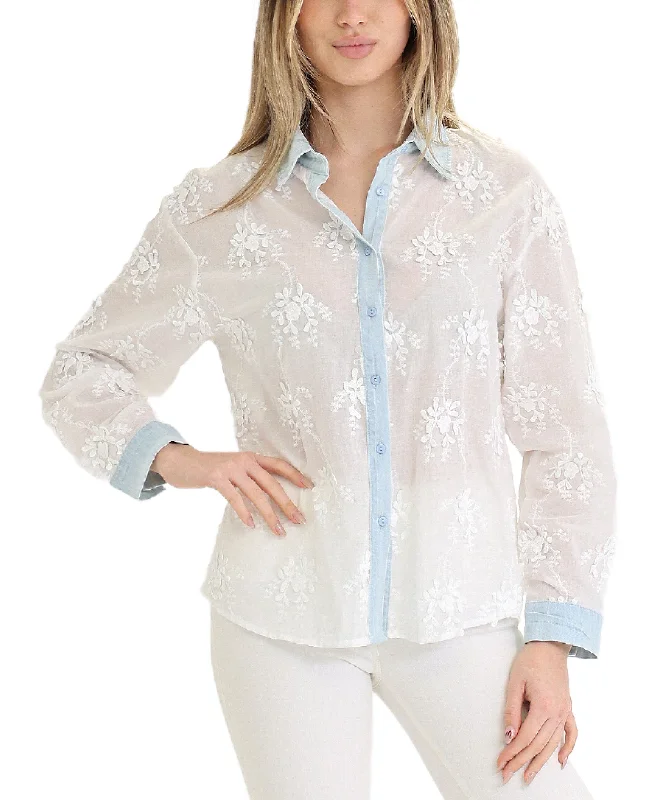 Women's Festive Attire Embroidered Floral Top w/ Denim Trim