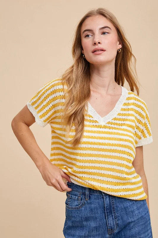 Women's Seasonal Apparel Mustard Striped Knit V-Neck Short Sleeve Top