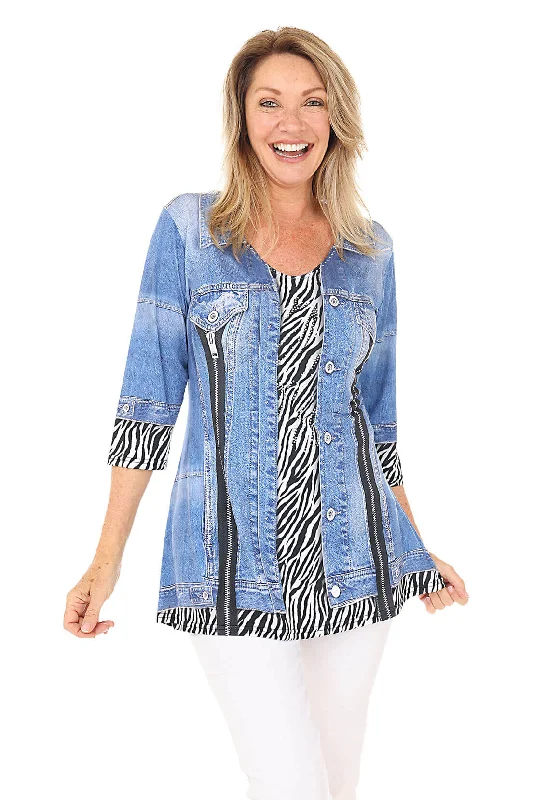 Women's Everyday Attire Zebra Denim Jacket Printed Knit Tunic