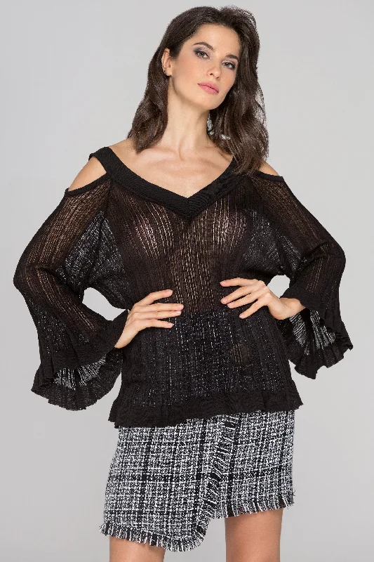 Casual and Comfortable Outfits Black Sheer Knit Flare Sleeve Cold Shoulder Top