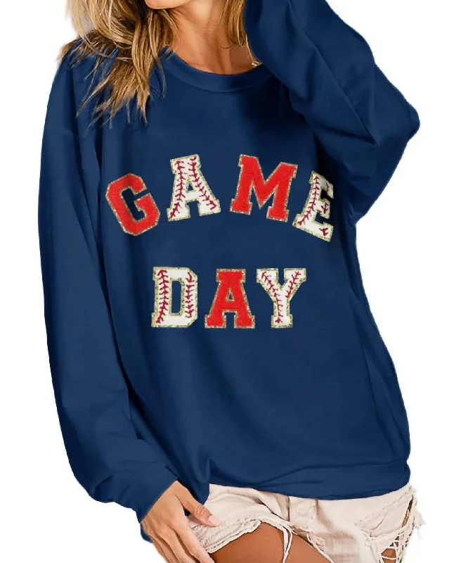 Vibrant Styles Baseball Game Day Patches French Terry Pullover In Navy