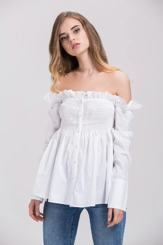 Casual Fashion for Women Dima Al Sheikhly - White Elastic Long Sleeves Button Up Off the Shoulder Top