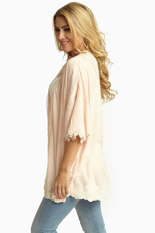 Evening Looks Peach Lace Accent Dolman Sleeve Open Cardigan