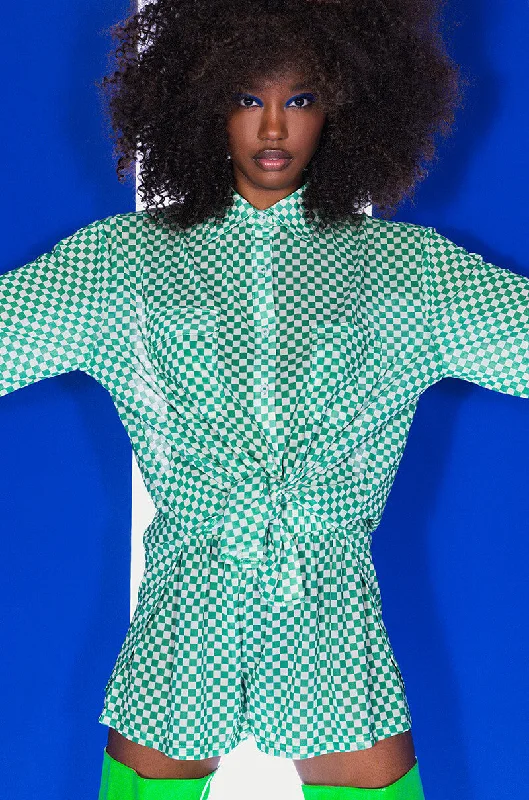 Women's Night-Out Outfit CENTRAL PARK GINGHAM MESH BUTTON DOWN BLOUSE