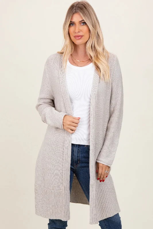 Women's High-Fashion Apparel Cream Contrast Rib Long Open Cardigan