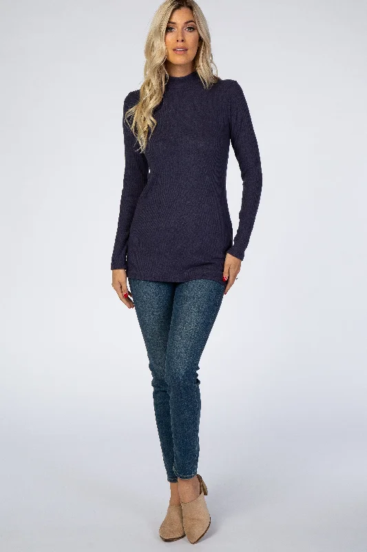 Stylish Women's Garments Navy Blue Ribbed Long Sleeve Mock Neck Top