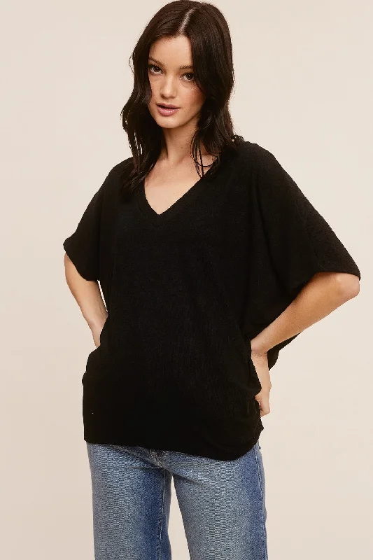 Outlet Clothing Black V-Neck Crepe Knit Top