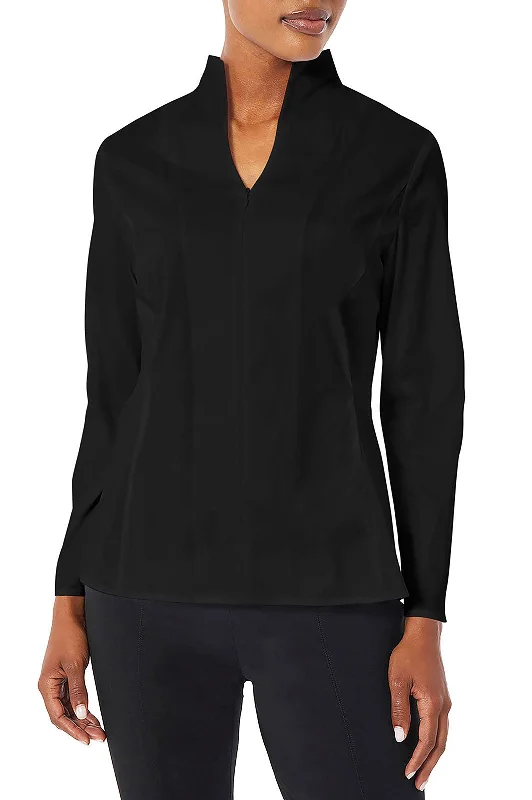 Trendy Boutique Online Long Sleeve Zip-Up Cotton Poplin Blouse, Black