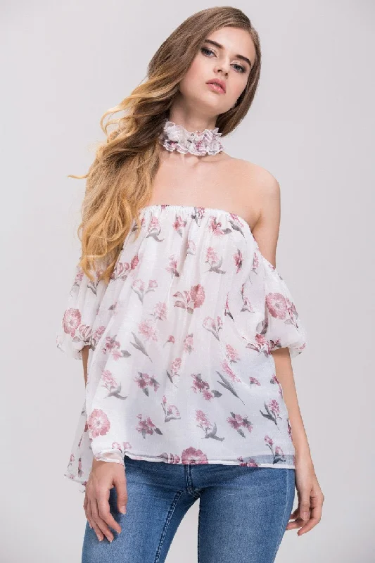 Seasonal Women's Fashion Trends TheHala - Floral Ruffled Choker Off the Shoulder Top