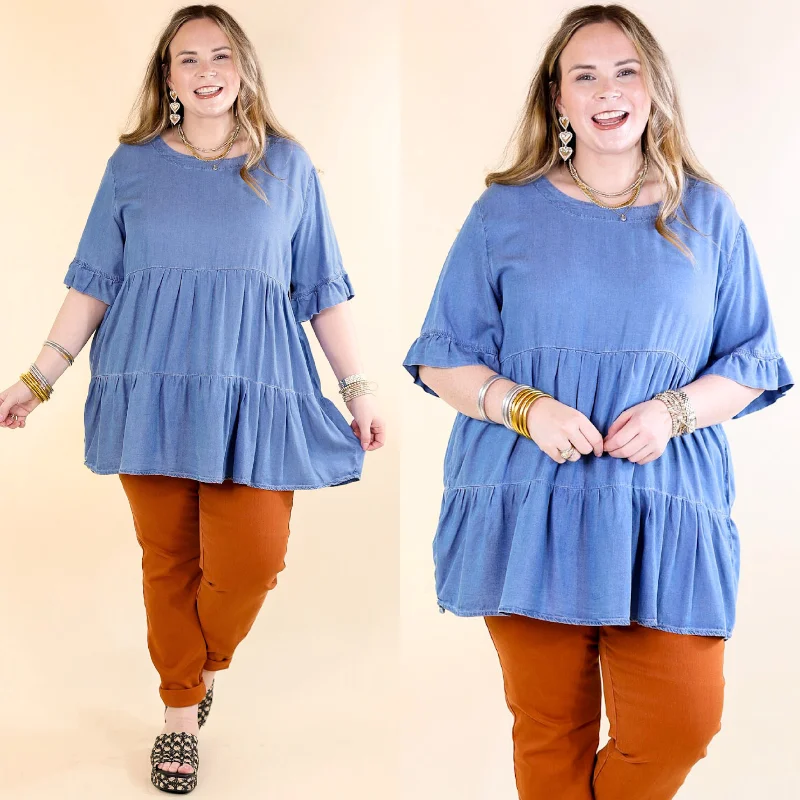 Online Boutiques Best Path To Happiness Denim Tiered Top with Short Sleeves in Medium Wash