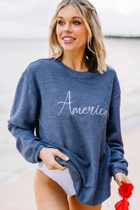 Women's Luxury Attire America Navy Blue Corded Embroidered Sweatshirt