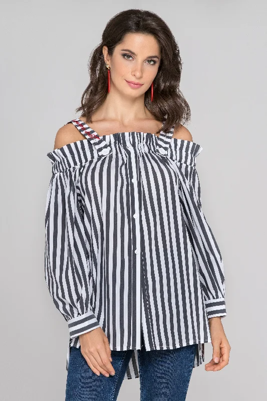 Chic Women's Outfit Ideas Gray and White Stripe Button-Up Cold Shoulder Top