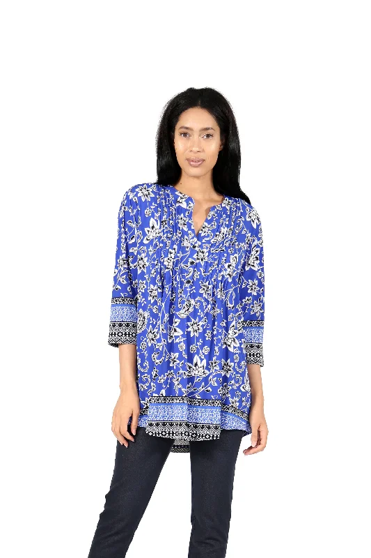 Chic Women's Clothing for Date Nights La Cera Pleat Front Printed Tunic With Border Print