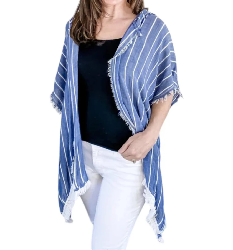 Clothing Sales Denim Striped With Fringe Detail Hoodie In Blue