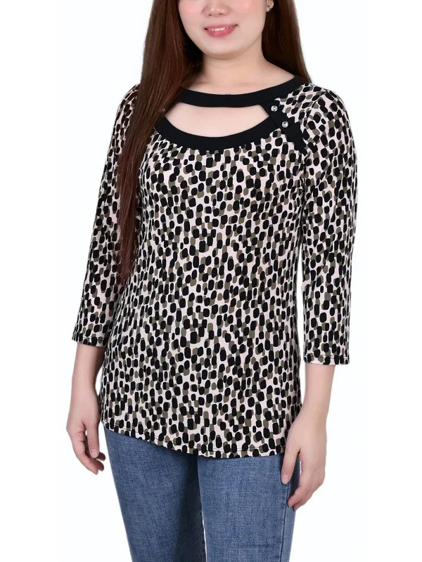 Preppy Style Petites Womens Printed Cut-Out Pullover Top