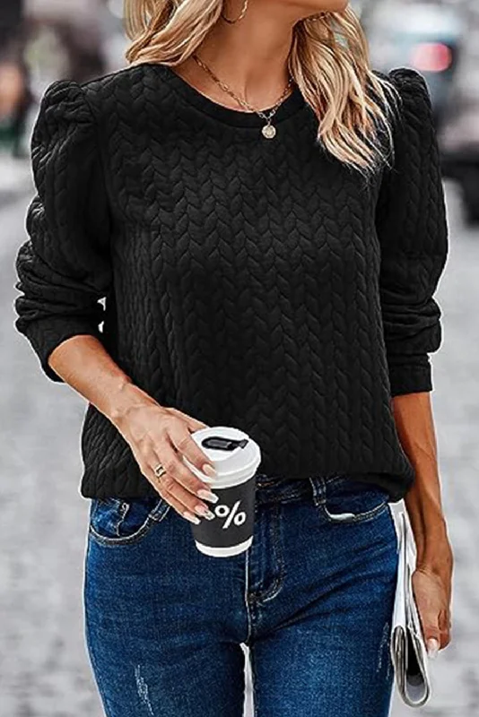 Flash Sale Event Black Cable Textured Puff Sleeve Sweatshirt