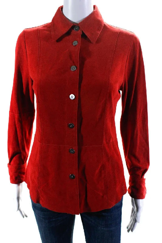 Women's Luxury Garments Worth Womens Perforated Suede Long Sleeve Button Up Shirt Jacket Red