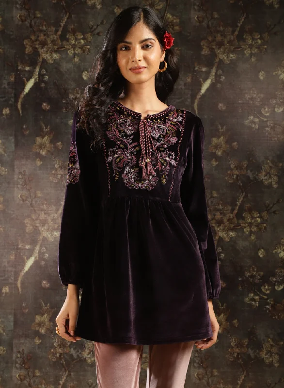 Women's Plus-Size Outfit Purple Velvet Tunic with Threadwork and Tassels