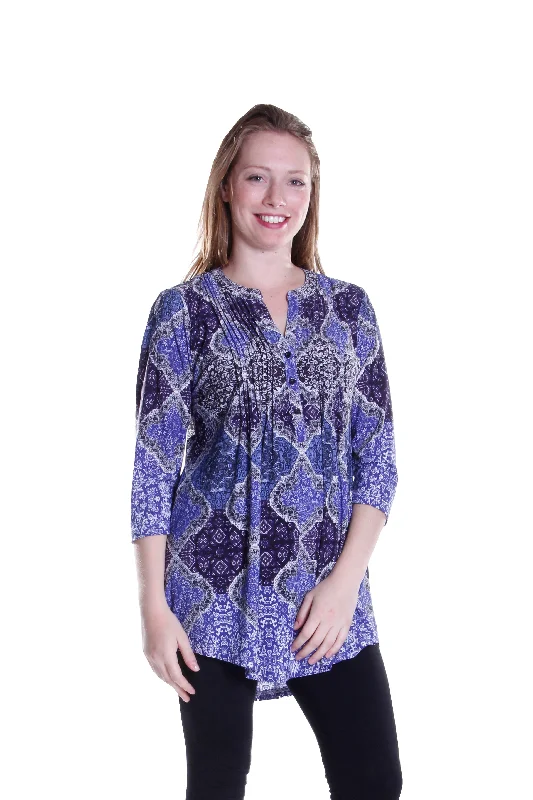 Minimalist Women's Fashion Clothing La Cera Pleat Front Printed Tunic Blue