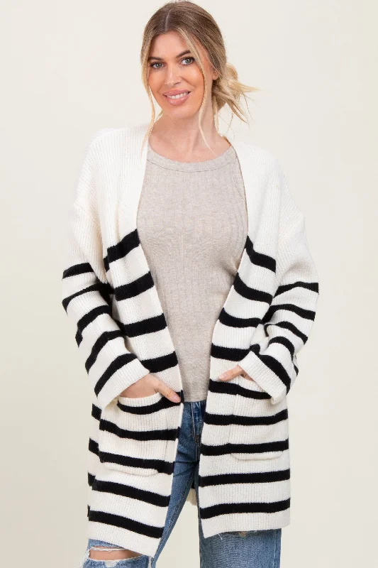 Fashionable Women's Casual Apparel Ivory Black Knit Striped Long Cardigan