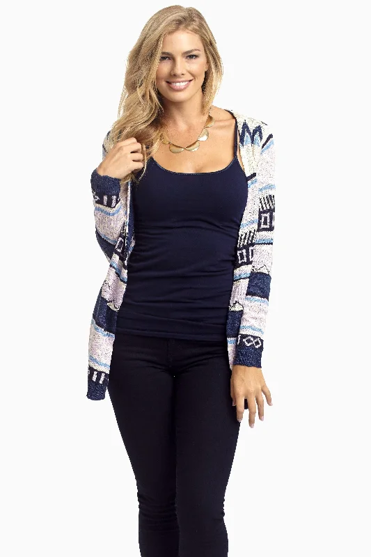 Casual Fashion Navy Lavendar Aztec Knit Cardigan