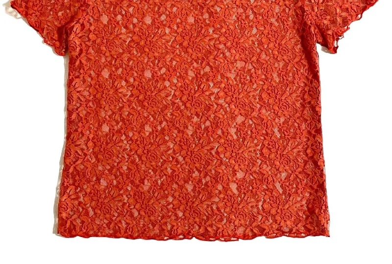 Affordable Online Boutiques Women's See Through Sheer Short Sleeves Lace Top In Orange